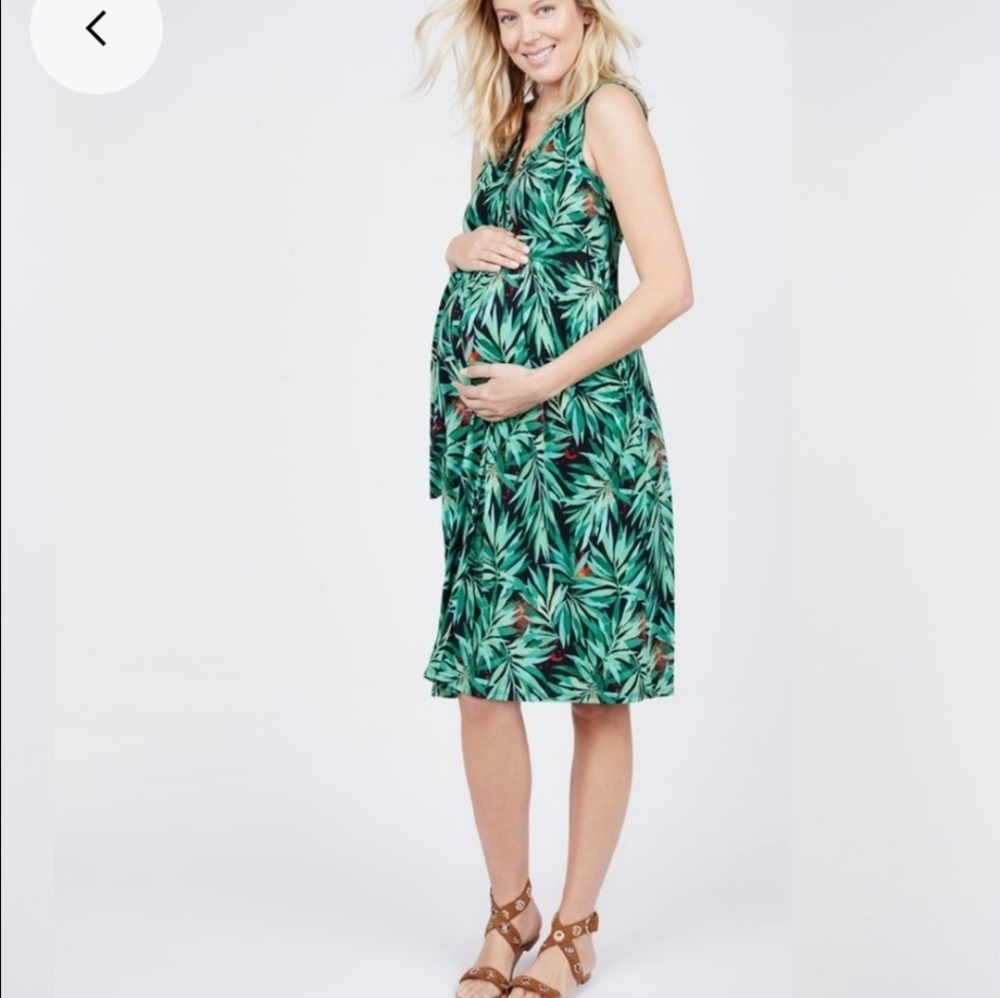 Noir Maternity Tie Waist Green Leaf Print Maternity Dress